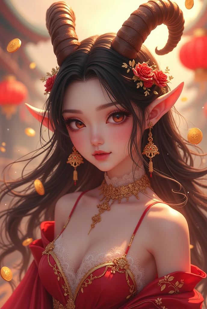There is a full size figure of a beautiful demon girl with long hair and two elegant horns red eyes and pointy ears, dressed in gorgeous sexy black dress with golden jewellery standing and watching on the pink moon, great quality anime art, illustration, high quality realistic anime art, seductive face expression, beautiful demon girl, 4k best quality, 8k character details, high quality anime art, melodic aura around women, high quality illustration, detailed anime wallpaper, detailed anime art