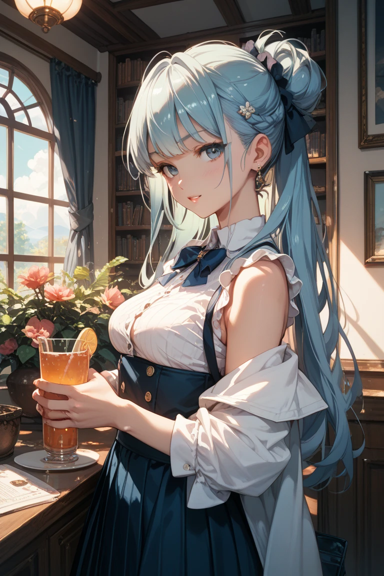 bewitching poses, full body, blush, holding beer glass, green and white floral ao dai, festival, cleavage, bare shoulders, from above, sideways, masterpiece, best quality