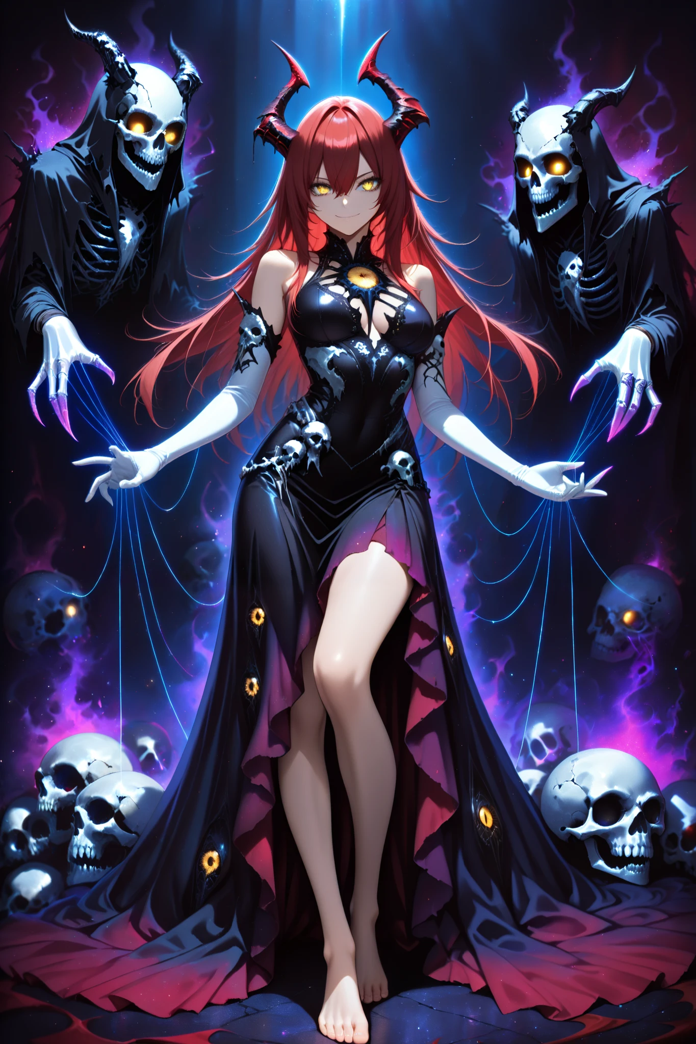 (masterpiece) , (highest quality) , (very detailed) , (the best shape) , (absurd) , (so beautiful) , (perfect anatomy), (perfect clear eyes), 1girl,red hair, long hair, golden eyes , long hair , gloves, standing, solo, looking at viewer, barefoot ,dress, demon girl, white gloves, hair between eyes , bare shoulders, smile, skull, slit pupils, elbow gloves ,necromancer, black corsage dress, laced, bound, purple dark aura, puppeteer, thin silver string comes out of her fingers, , puppet strings