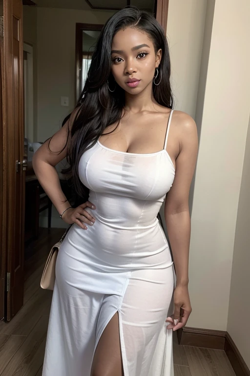 Create a picture of a sensual meditating woman with black long curls and curvy figure. The universe is said to be in the background. The woman is wearing a white transparent dress. She has thick sensual lips and thick eyebrows