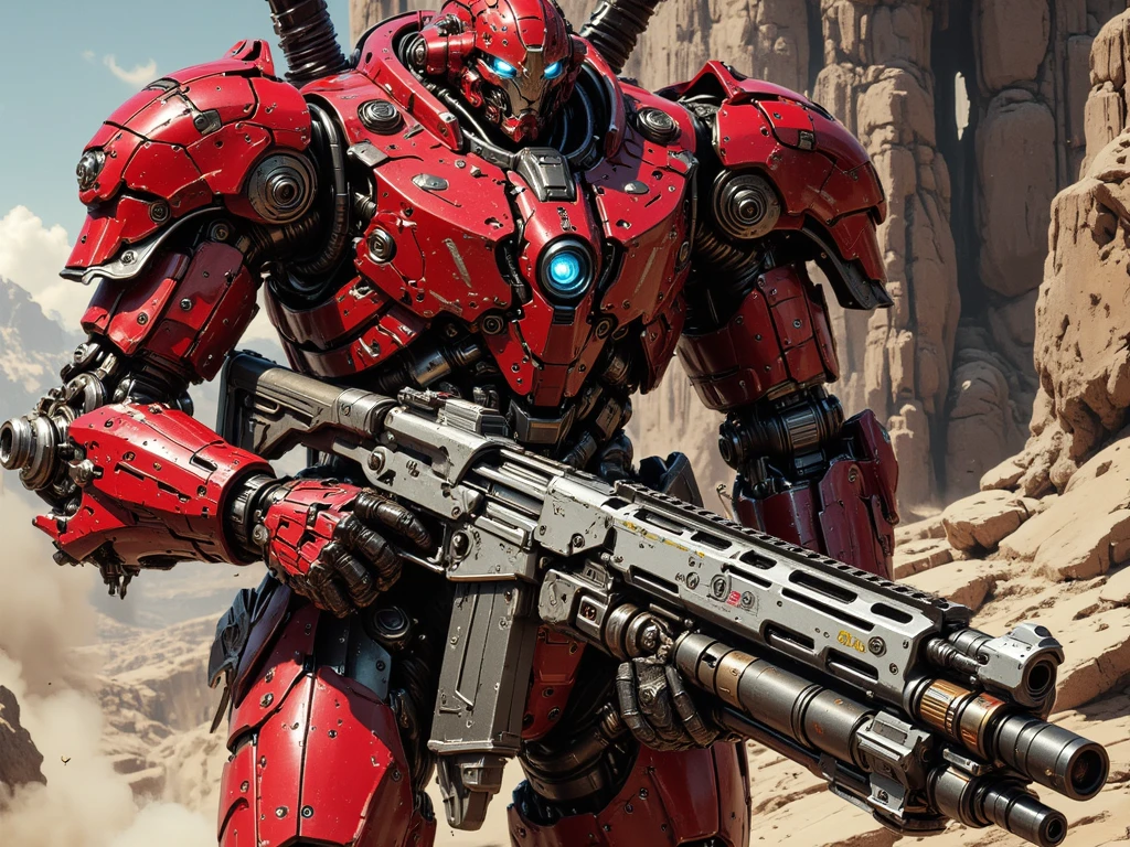 HD 4K realistic: Mega Giant Elite Red Robot — 50 meters tall, coated with polished red metallic armor that intensely reflects ambient light. Its silver joints shine softly, creating an elegant and sharp contrast against the red surface. The robot's steel boots lift a dense cloud of dust, emphasizing the immense weight of its presence.

It holds a large and robust futuristic rifle, with a cylindrical design and silver details, that match perfectly with The joints of the robot. The rifle has a wide and imposing barrel, and is held in a position slightly tilted to the side, without distortions in the proportion.

The robot's head is visible, with its blue eyes shining brightly, emitting a cold and threatening light.

The scenery is desolate and arid, manner with strong winds kicking up dust and rock fragments. In the background, there are rock formations, reinforcing the grandeur and scale of the robot. The scene is captured from wide and proportional, with the camera positioned to highlight the height and power of the robot,  uncut .