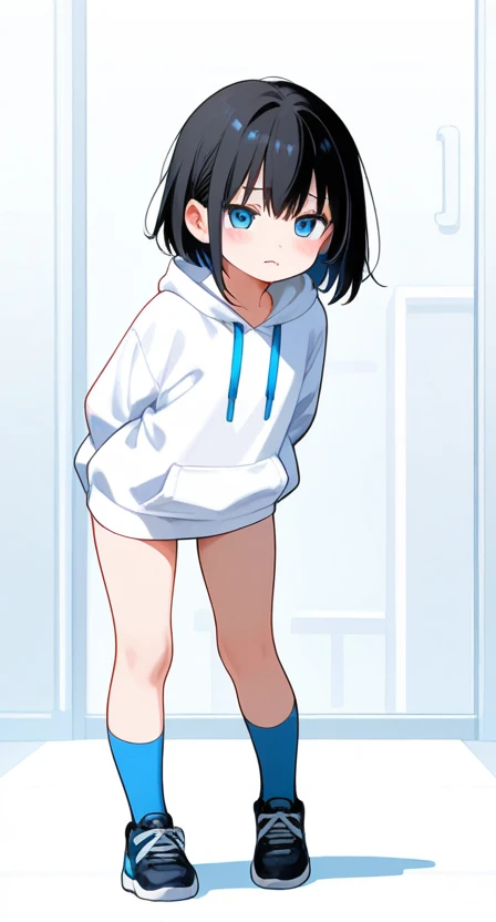 Bobcut、Black-haired 、Gym changing rooms、Changing clothes、In underwear、indoor、White panties