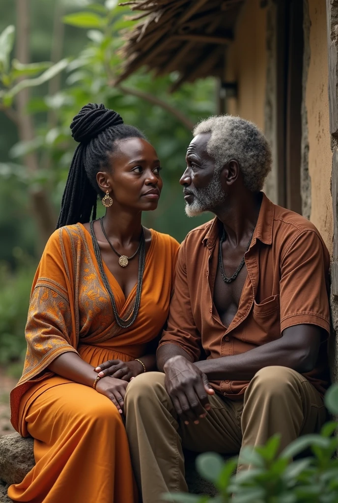 elderly man, africana, dressed in white with a brown woman with copper hair by his side