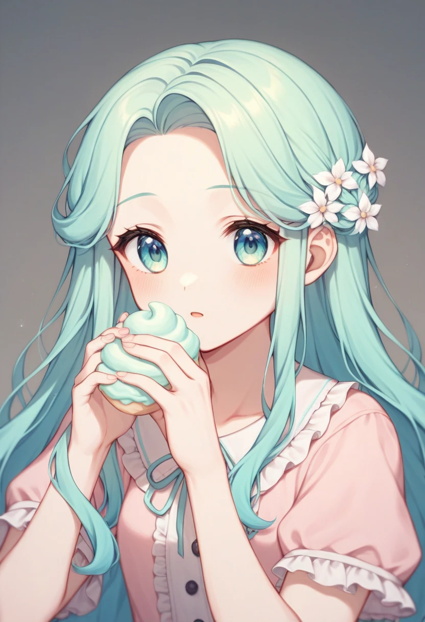 (Masterpiece,Highest quality),(Maximum details),(eye details),(hand details),woman,10 years old,long hair,light blue hair,yellow eyes,Cute face,beard,cry,Wear a white short-sleeved shirt,Wear short jeans,Has a gray upper coat.,action,eating cake,Decorations,tree,table,chair,backdrop,cafe,in hand holding a fork