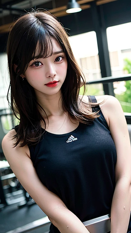Highly detailed CG Unity 8K wallpaper, highest quality, Super detailed, masterpiece, realistic, photo realistic, Very knowledgeable cute girl, 25 years old, logic, 腹logic, round eyes, viewer, blush, parted lips, half body shot ,
sportswear , Gym, buckshot ,