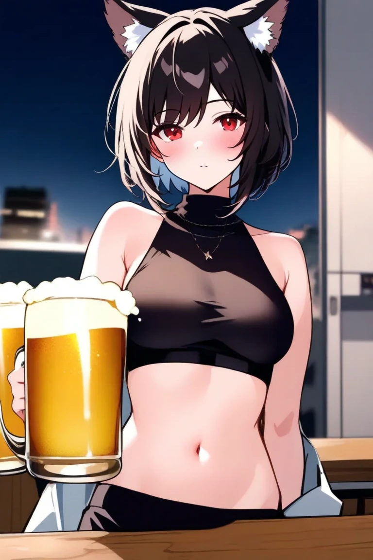 ((masutepiece)),((High quality)),((High resolution)),((Highly accurate and detailed representation of the human body)), "A slender girl in her mid-twenties with medium-length blue hair and red eyes.、She wears a bright red zip-up hoodie open over a short white camisole on her upper body.. she has a bright smile, and you can see her exposed navel. she is wearing a gray miniskirt, Holding a beer glass in one hand, And I&#39;m sitting cross-legged on the sofa.