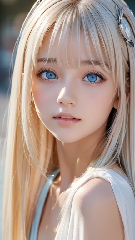 A perfectly beautiful face、Super long messy silky beautiful blonde、Beautiful cute girl 、Sexy and very beautiful cute face、Beautiful cute sexy bright pale sky blue big eyes、Long beautiful bangs、Very super long beautiful blonde shiny silky hair、Very white skin、Cheek gloss、Glossy Skin、eyeliner、A peerless beauty、Hair above the eyes、片Hair above the eyes、Hair between the eyes、