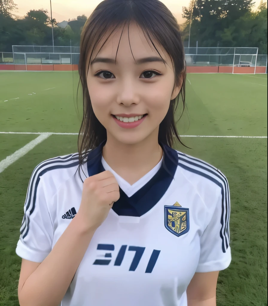 (kawaii 24 year-old Japanese girl, Nogizaka idol, Korean idol, soccer player), healthy female athlete body, (glossy black hair, very short hair, bangs:1.3), beautiful black eyes, rounded face, single eyelid, (no makeup:1.2), (soft smiling:1.2), (soccer uniform:1.3), extra small breasts, BREAK, (park background, summer daytime:1.2), (dynamic angle, bust shot:1.2), BREAK, (masterpiece, best quality, photo realistic, official art:1.4), (UHD, 8K quality wallpaper, high resolution, raw photo, golden ratio:1.3), (shiny skin), professional lighting, physically based rendering, award winning, (highly detailed skin texture, extremely detailed face and eyes textures), Carl Zeiss 85 mm F/1.4, depth of field, (1girl, solo),