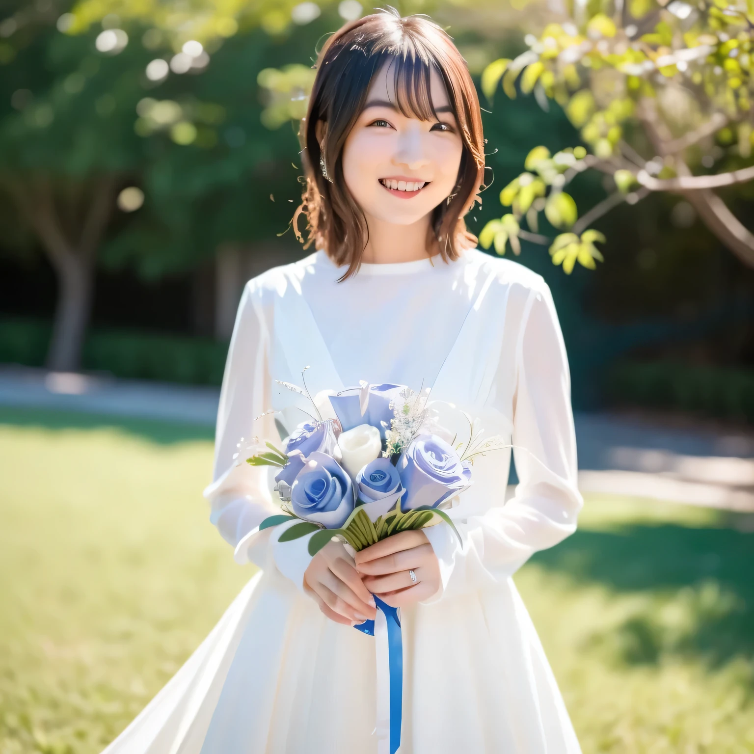 A breathtakingly beautiful 20-year-old woman stands in the courtyard of a luxurious mansion beneath a clear blue sky. She wears a white and blue wedding dress, holding a red bouquet gracefully in front of her chest. Her radiant smile and joyful expression exude pure happiness. Dark hair, Medium Hair, dark eyes.