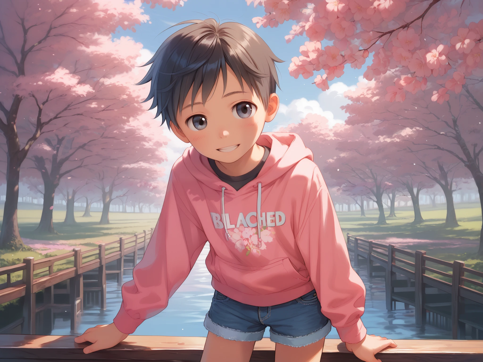 1 boy, (young boy), solo, cute, ikemen, (about ), (black short straight hair), Half-open eyes, (big eyes, clear eyes), happy smile, white long sleeve hoodie, bleached denim shorts, standing, looking at me, (beautiful detailed eyes, detailed hair, detailed face), (color, pastel colors), 8k, masterpiece, ridiculous resolution, super high resolution, ((detailed shading)), ((blooming cherry blossom tree background), (((leaning forward))), (pastel colors), from front view, cowboy shot,