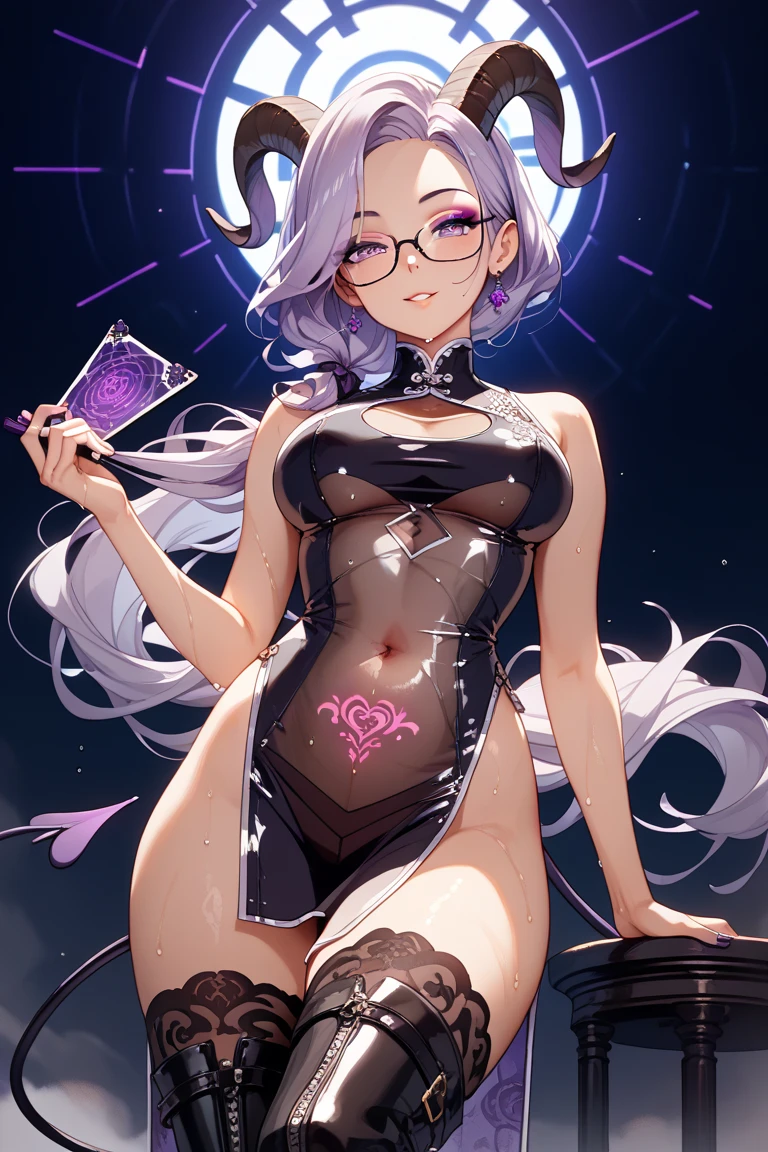 ((masutepiece, of the highest quality, Watercolor art (Pendants), Beautiful and aesthetic: 1.2)), (Golden ratio: 1.2), (Full body: 1.2), (Super Detail: 1.3), (1 girl: 1.3), (Fractal Art: 1.3), Full body, (Glitter Pupil)), patterns, (Iridescent hair, Colorful hair, Half Light Blue、Half Purple Hair: 1.2)), Colorful, Writing, (Heterochromia), (Colorful: 1.5), (((Shy face)), ((Micro Bikini)), (full body Esbian), (Hyper-detailing), ((delicate detail)), (intricate-detail), ((Cinematic Light, Highest quality backlight)), High contrast, ((The best lighting, Very delicate and beautiful)), (( Cinematic Light)), (ray trace reflection, Glow), (((glowing aura)), ((Glowing hair)), ((Super Detail)), (8K)), ((a closeup)), ((Brown skin)), (Showering), ((Seductive smile)) ,((high angle full body shot)),(NSFW:1.5),completely,((Demon Girl, demonic horns, demon tail, Devil's Wings, ????_The tattoo, Heart-shaped pupil))、((On the bet))、(black feathers on the back,,,,)、eyeshadows、teak, on the beds、m-legs,(Purple aura)、(eye glasses)
