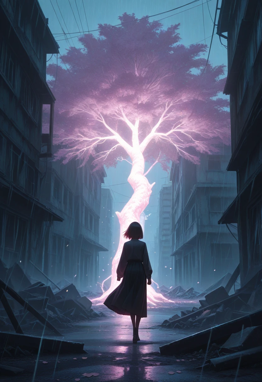 ultra detailed, absolutely resolution, masterpiece, highly detailed, sharp focus, vivid colors, soft lighting, cinematic composition, a huge and magnificent cherry tree, with countless hot pink cherry blossom petals dancing around it on a whirlwind, illuminated by a ray of light from the sky, creating a fantastical and mysterious scene, in the background, a dark, abandoned city, and heavy rain, and rubble