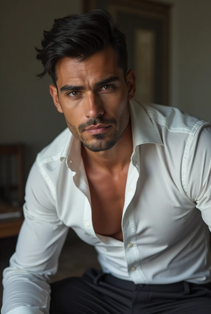 French and German men in white shirts,Lying lazily on the big sofa,Husband and wife。Dark skin., ((Very relaxed and lazy look!)), ((Unintentionally exposing chest muscles))Handsome male, Handsome chad chin, Handsome and attractive, Handsome and elegant, Handsome man, Sexy masculine, masculine and Handsome, , Handsome, Attractive posing, attractive male, Wear a white shirt without buttons, Attractive man, 3 2 year old male!Lift your little head,((Loose tie,))Kominan is wearing a white shirt,(closeup portrait!))showing off his hairy pecs。(Show hairy chest muscles),),(Use a short beard collar),Wear a white shirt without buttons,,Wear a white shirt without buttons,Wear a white shirt without buttons,Wear a white shirt without buttons,dressed in a suit,Wear a white shirt without buttons,Wear a white shirt without buttons(Show hairy chest muscles),),(Use a short beard collar,)headspace!Charming and serious look,(Handsome man,sitting down,poorly dressed,Perfect body anatomy,Beautiful man face detail,perfect foot,Perfect Husband and wife hands!Ultra-low angle shooting!!