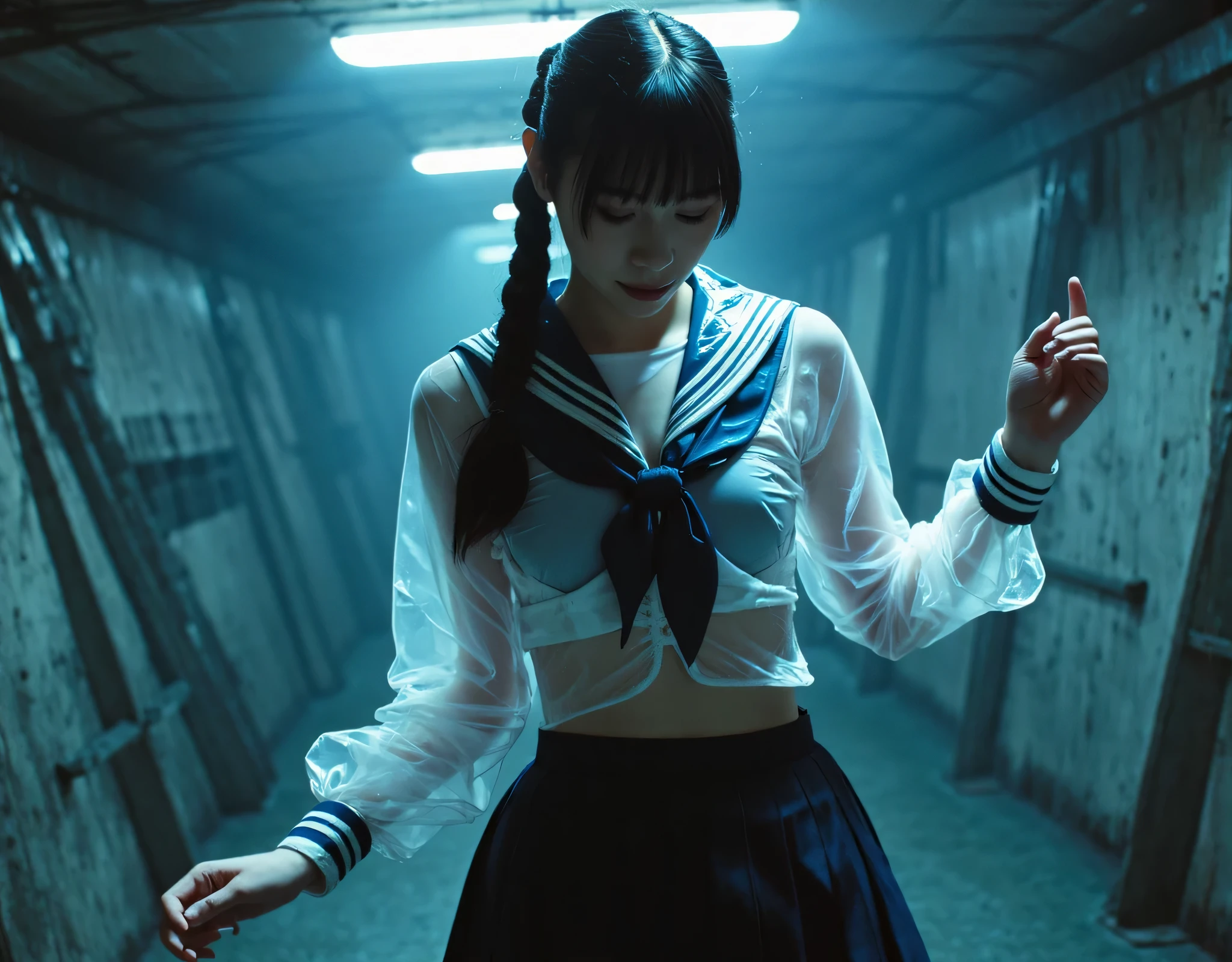 (((The dark interior of the Nostromo ship :2.0))),(((HR Gigger style cyberpunk vibe:2.0))),(((Open your feet wide:2.0))), standing,((full body:2.0)),one woman,(cute face),(Beautiful well-balanced face ),((braids with bangs :2.0)),( black hair:1.5),(beautiful eyes:1.3),Glamorous shot of a 20-year-old Japanese woman, Slender Beautiful Body ,((Model figure :2.0)),((slim body:1.7)),((スリーサイズ90-58-86:3.0)),perfect body line,ideal proportions,((big breasts:2.0)),((G cup breasts:1.5)), Popup,Bare thighs,fleshy thighs due to weight,delicate body,(Glutinous Flesh:1.7),harmonious posture,((Realistic breast depiction :1.7)),carefully depicts limbs based on perfect anatomy when held from behind by an old man,((futuristic translucent white sailor suit:2.0)),((fitted latex sailor suit:1.5)),((sailor suit with collar and bow:2.0)),((Glass translucent super mini skirt:2.0)),(Navy blue translucent short mini skirt:1.5),((rough mesh stockings:1.5)),(gloves:1.3),Concept Art,(Highest Quality:1.5),(masterpiece:1.5),(Ultra-high resolution),resolution,UHD,(Delicate Description), carefully drawn with butterfly wings ,32K,((realistic skin texture:1.5)),(((ultra realistic:1.5))),carefully draw eyelashes,very detailed face,Highly detailed female hand, Sexy appearance ,very sensual,(Blurry Dim Backgrounds :1.5),professional photo shoot,(movie light:2.0),((Blade Runner style light:2.0))
