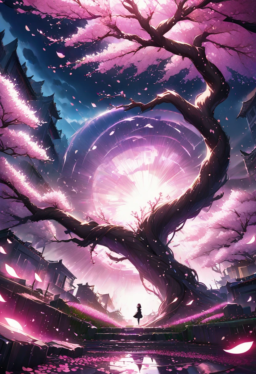 ultra detailed, absolutely resolution, masterpiece, highly detailed, sharp focus, vivid colors, soft lighting, cinematic composition, a huge and magnificent cherry tree, with countless hot pink cherry blossom petals dancing around it on a whirlwind, illuminated by a ray of light from the sky, creating a fantastical and mysterious scene, in the background, a dark, abandoned city, and heavy rain, and rubble