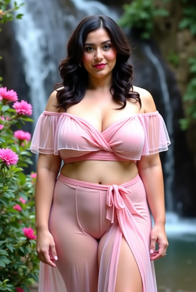 Araffe dress,Red dressRed wearing a short dress (white),Crocodile nearbya mountain of water near the grass,Waterfall nearby light green, shining flowers,Red skywearing a suit (white), lipstick (pink) Escasamente vestido.Smooth sky model Hermosa figuracuerpo voluptuoso curvy hermosas sonrisa seductora Retrato Gabriella Lin Rojo Orange dress Red
