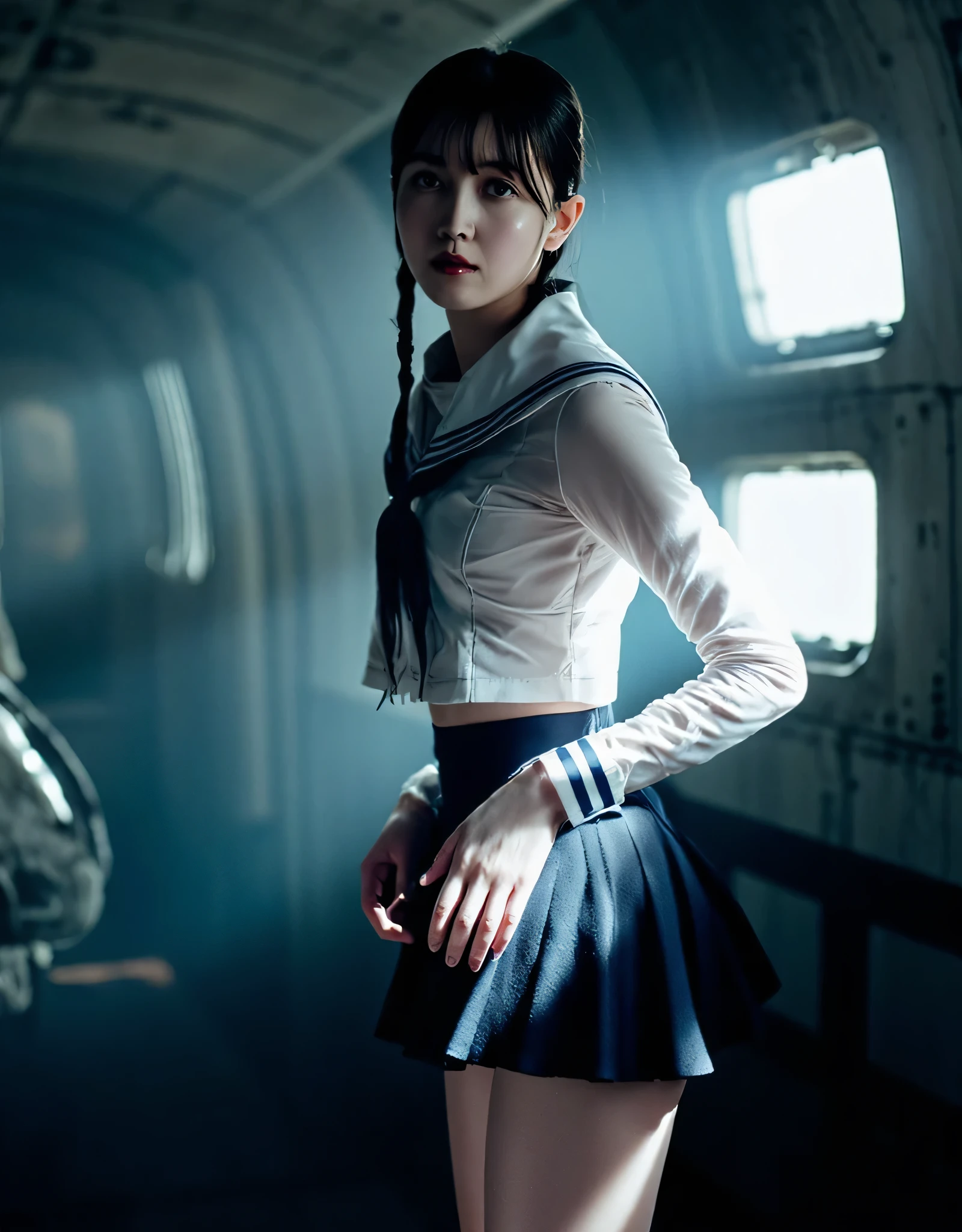 (((The dark interior of the Nostromo ship :2.0))),(((HR Gigger style cyberpunk vibe:2.0))),(((Open your feet wide:2.0))), standing,((full body:2.0)),one woman,(cute face),(Beautiful well-balanced face ),((braids with bangs :2.0)),( black hair:1.5),(beautiful eyes:1.3),Glamorous shot of a 20-year-old Japanese woman, Slender Beautiful Body ,((Model figure :2.0)),((slim body:1.7)),((スリーサイズ90-58-86:3.0)),perfect body line,ideal proportions,((big breasts:2.0)),((G cup breasts:1.5)), Popup,Bare thighs,fleshy thighs due to weight,delicate body,(Glutinous Flesh:1.7),harmonious posture,((Realistic breast depiction :1.7)),carefully depicts limbs based on perfect anatomy when held from behind by an old man,((futuristic translucent white sailor suit:2.0)),((fitted latex sailor suit:1.5)),((sailor suit with collar and bow:2.0)),((Glass translucent super mini skirt:2.0)),(Navy blue translucent short mini skirt:1.5),((rough mesh stockings:1.5)),(gloves:1.3),Concept Art,(Highest Quality:1.5),(masterpiece:1.5),(Ultra-high resolution),resolution,UHD,(Delicate Description), carefully drawn with butterfly wings ,32K,((realistic skin texture:1.5)),(((ultra realistic:1.5))),carefully draw eyelashes,very detailed face,Highly detailed female hand, Sexy appearance ,very sensual,(Blurry Dim Backgrounds :1.5),professional photo shoot,(movie light:2.0),((Blade Runner style light:2.0))
