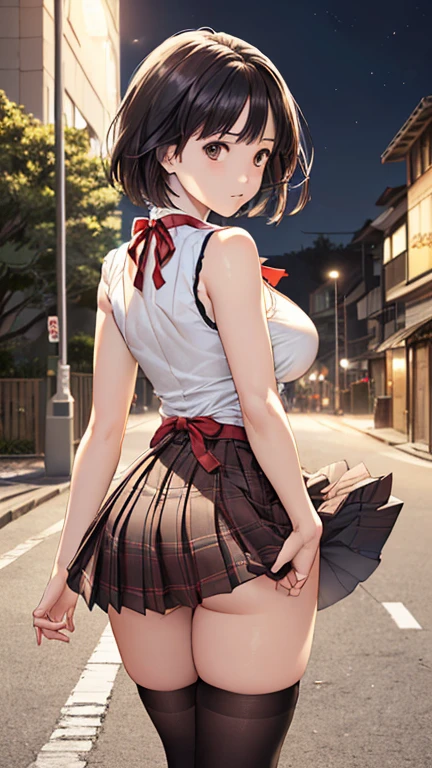 Highest quality , High resolution , Detailed CG , short hair , Navy blue sailor suit , Navy Blue Skirt , Modest chest , Black Hair , Two limbs , Optimal ratio , Embarrassed expression , Burning cheeks , In town , Narrow alley at night , Nipples are visible , touching one's own breasts with one's own hands , facial expression during orgasm , Hide behind a utility pole