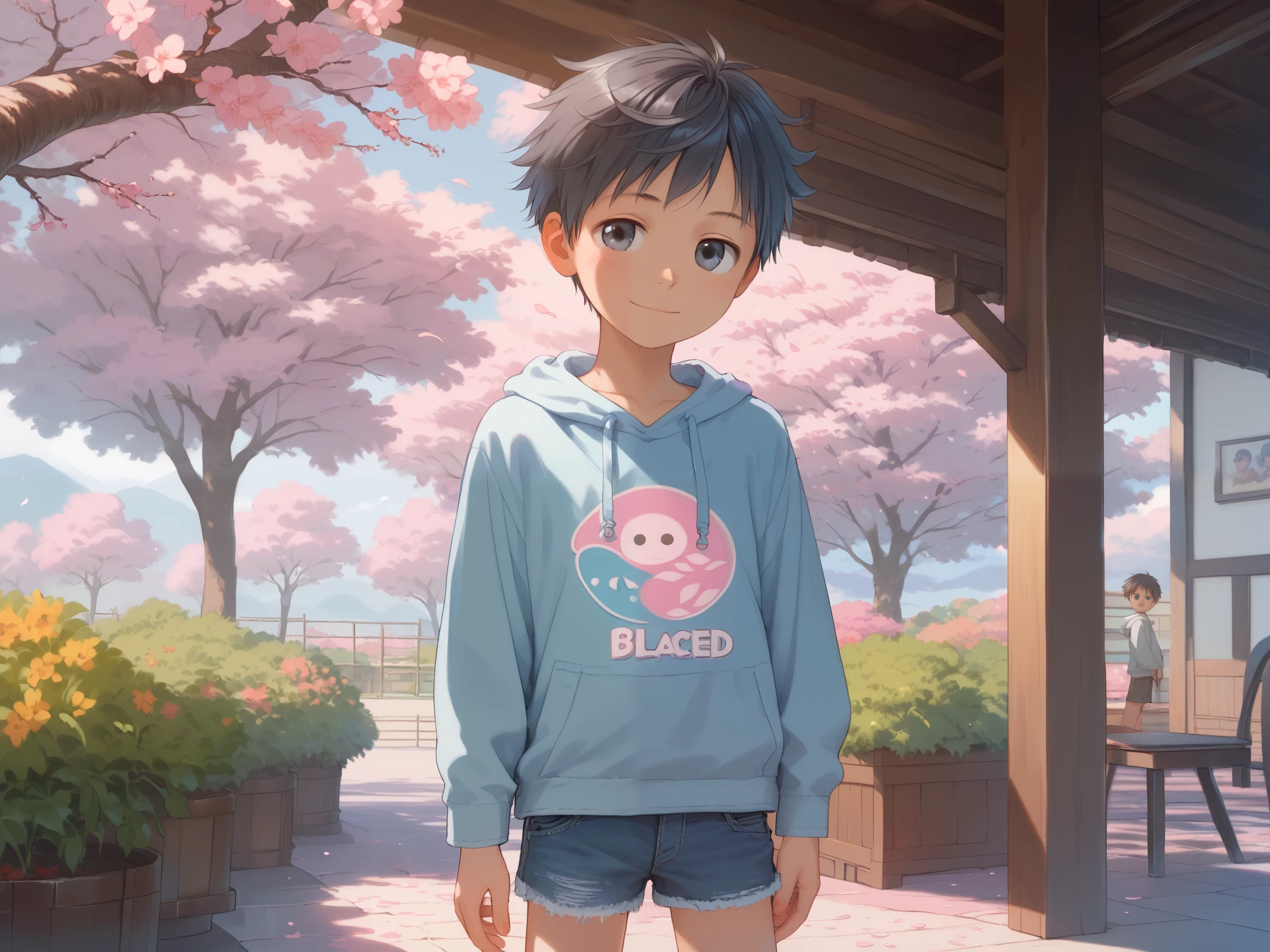 1 boy, (young boy), solo, cute, ikemen, (about ), (black short straight hair), Half-open eyes, (big eyes, clear eyes), happy smile, white long sleeve hoodie, bleached denim shorts, standing, looking at me, (beautiful detailed eyes, detailed hair, detailed face), (color, pastel colors), 8k, masterpiece, ridiculous resolution, super high resolution, ((detailed shading)), ((blooming cherry blossom tree background), ((squat down)), (pastel colors), from front view, cowboy shot,