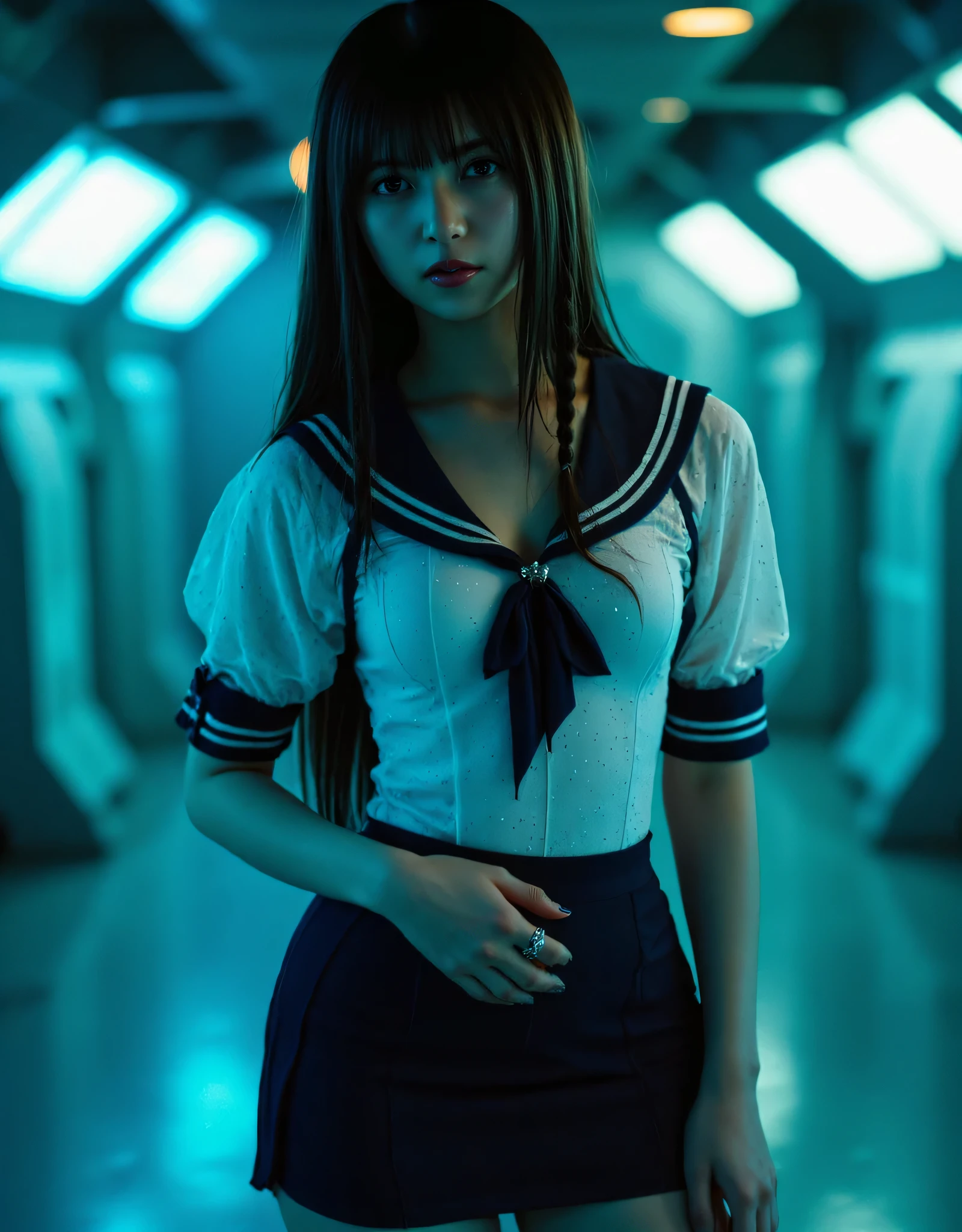 (((The dark interior of the Nostromo ship :2.0))),(((HR Gigger style cyberpunk vibe:2.0))),(((Open your feet wide:2.0))), standing,((full body:2.0)),one woman,(cute face),(Beautiful well-balanced face ),((braids with bangs :2.0)),( black hair:1.5),(beautiful eyes:1.3),Glamorous shot of a 20-year-old Japanese woman, Slender Beautiful Body ,((Model figure :2.0)),((slim body:1.7)),((スリーサイズ90-58-86:3.0)),perfect body line,ideal proportions,((big breasts:2.0)),((G cup breasts:1.5)), Popup,Bare thighs,fleshy thighs due to weight,delicate body,(Glutinous Flesh:1.7),harmonious posture,((Realistic breast depiction :1.7)),carefully depicts limbs based on perfect anatomy when held from behind by an old man,((futuristic translucent white sailor suit style bodysuit:2.0)),((fitted latex sailor suit:1.5)),((sailor suit with collar and bow:2.0)),((Glass translucent super mini skirt:2.0)),(Navy blue translucent short mini skirt:1.5),((rough mesh stockings:1.5)),(gloves:1.3),Concept Art,(Highest Quality:1.5),(masterpiece:1.5),(Ultra-high resolution),resolution,UHD,(Delicate Description), carefully drawn with butterfly wings ,32K,((realistic skin texture:1.5)),(((ultra realistic:1.5))),carefully draw eyelashes,very detailed face,Highly detailed female hand, Sexy appearance ,very sensual,(Blurry Dim Backgrounds :1.5),professional photo shoot,(movie light:2.0),((Blade Runner style light:2.0))