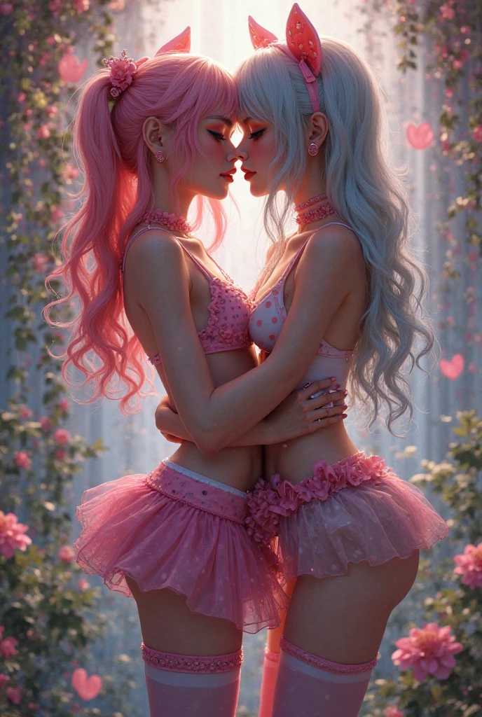 A realistic rendering of an Anne Anderson style illustration of a very close shot, ultra close shot on the breasts of three girls, 3 kissing, pert, nubile, thin, freckled, girls with 50s style, sandy blonde hair, bows in hair, slight smile, topless, best quality, tiny breasts, bare breasts, small breasts, bare crotch, exposed crotch, pink nipples , puffy nipples , exposed nipples , wearing a clear, violet, plastic body armor, clear violet plastic armor, clear, violet, plastic body harness, clear, violet, plastic body cage, violet bondage straps, black, spiked choker necklace, black leather jacket, a silver chain wrapped around body, open, white blouse, white lace collar, pastel lace, pastel lace straps under nipples, pastel lace straps under breasts, open, pink, fuzzy sweater, undressing,
uniform, partially clothed, sitting in a bondage harness swing, in a darkened, pink, neon lit, 1950s teenl's bedroom, glowing pink, neon lights, full of bondage straps,, ultra close shot on breasts
