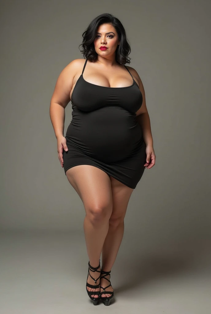 woman 45yo,lots of light full body,foreground,very wide hips,caderona,very busty, black dress tap project,transparent dress ,chubby, naked,a lot of neckline up to the navel,mini body,many semi out tits,provocative,sensual,sexually,mostrando escote foreground,exhibitionist,natural face,no makeup,doing sex,very sexual body,village woman,curvy women