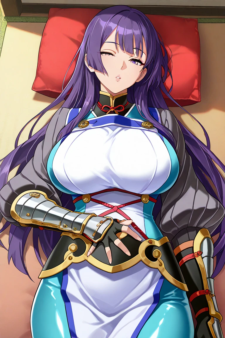 score_9, score_8_up, score_7_up, source_anime,
raikou, <lora:minamoto-no-raikou-ponyxl-lora-nochekaiser:1>,
raikou, parted bangs, purple eyes, purple hair, long hair, hime cut, forehead, mature female,
arm guards, armor, black gloves, bodysuit, fingerless gloves, gloves, japanese armor, kote, loincloth, purple bodysuit, ribbed sleeves, tabard, toned,
indoors, bed, bed room, on back, arm support, arms up, incoming hug, pov, reaching, reaching towards viewer,
looking at viewer, cowboy shot, dutch angle,