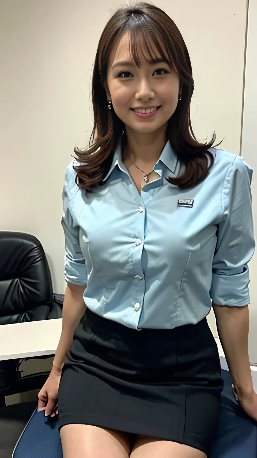 ((Highest Quality, 8k, masterpiece: 1.3, Photorealistic)), OL, tight miniskirt, office room desk, chair, (stare at the viewer), Mature Woman, business wear, smile:0.2, normal breasts
