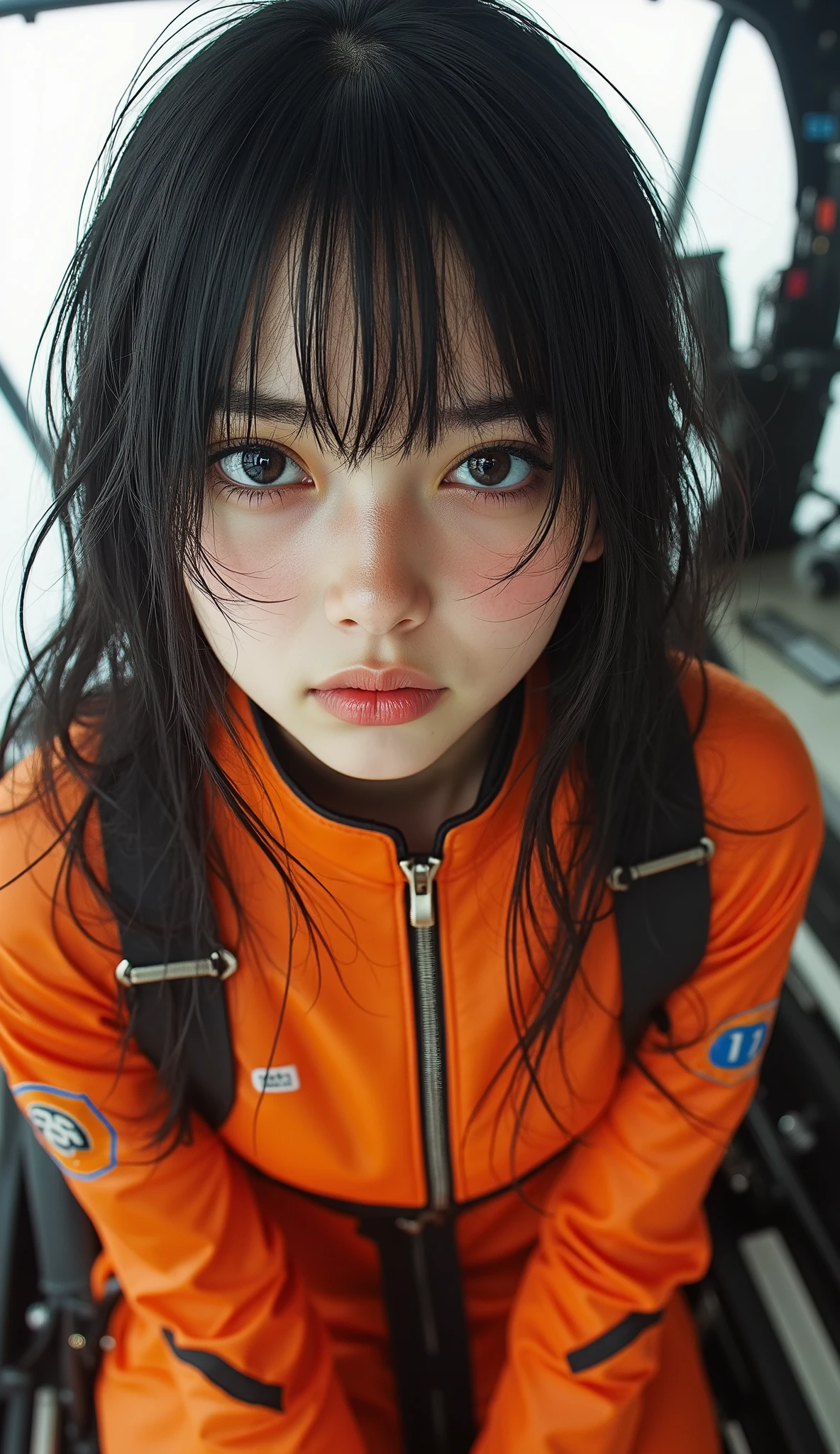 A cute asian woman smiling with bright orange eyes, ultra realistic, high quality, detailed face, photo realistic