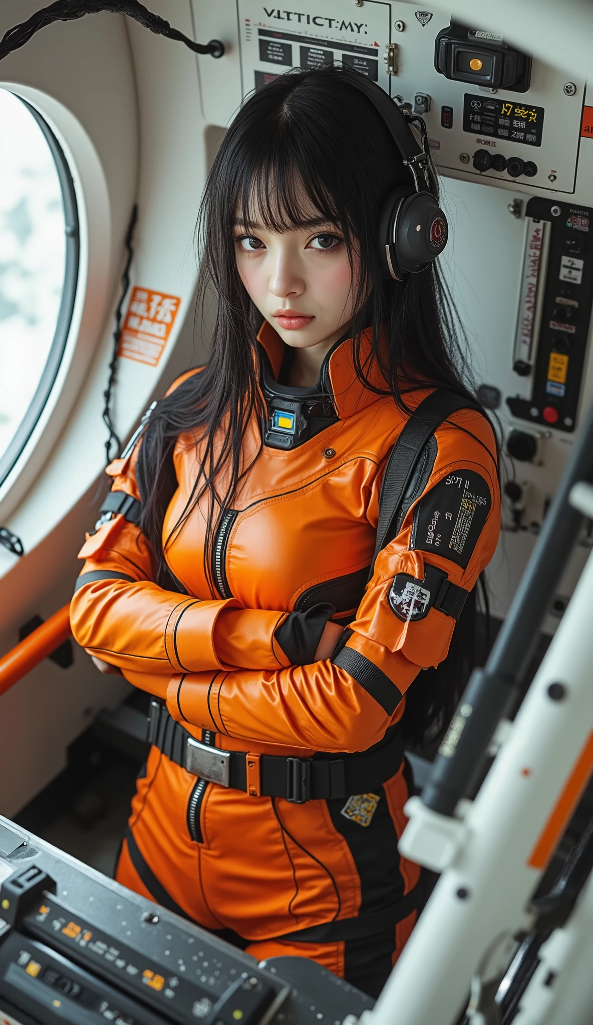 In a futuristic background、A beautiful Japanese girl, like a cyborg, wearing an orange hoodie, is standing there.。Her body is covered in orange mechanical parts.、A wing-like mechanical device is attached to its back.。An orange sheer costume partially covers the exterior of the machine.、The texture of moving cloth is realistically reproduced.。
Posing、Sitting on one knee、Lift your head a little and look straight ahead。Her face shows determination and strength。It consists of a vertical screen.、It emphasizes the overall height and the presence of the beautiful girl.。
As a photographic technique、It features ultra-realistic live-action depictions.、The use of light and shadow is meticulously calculated down to the last detail.。The background is unified in a simple white.、The beautiful girl's figure and mechanical wings are designed to stand out.。Texture and metallic luster、The movement of the cloth is expressed realistically.、It creates a futuristic and fantastical atmosphere.。