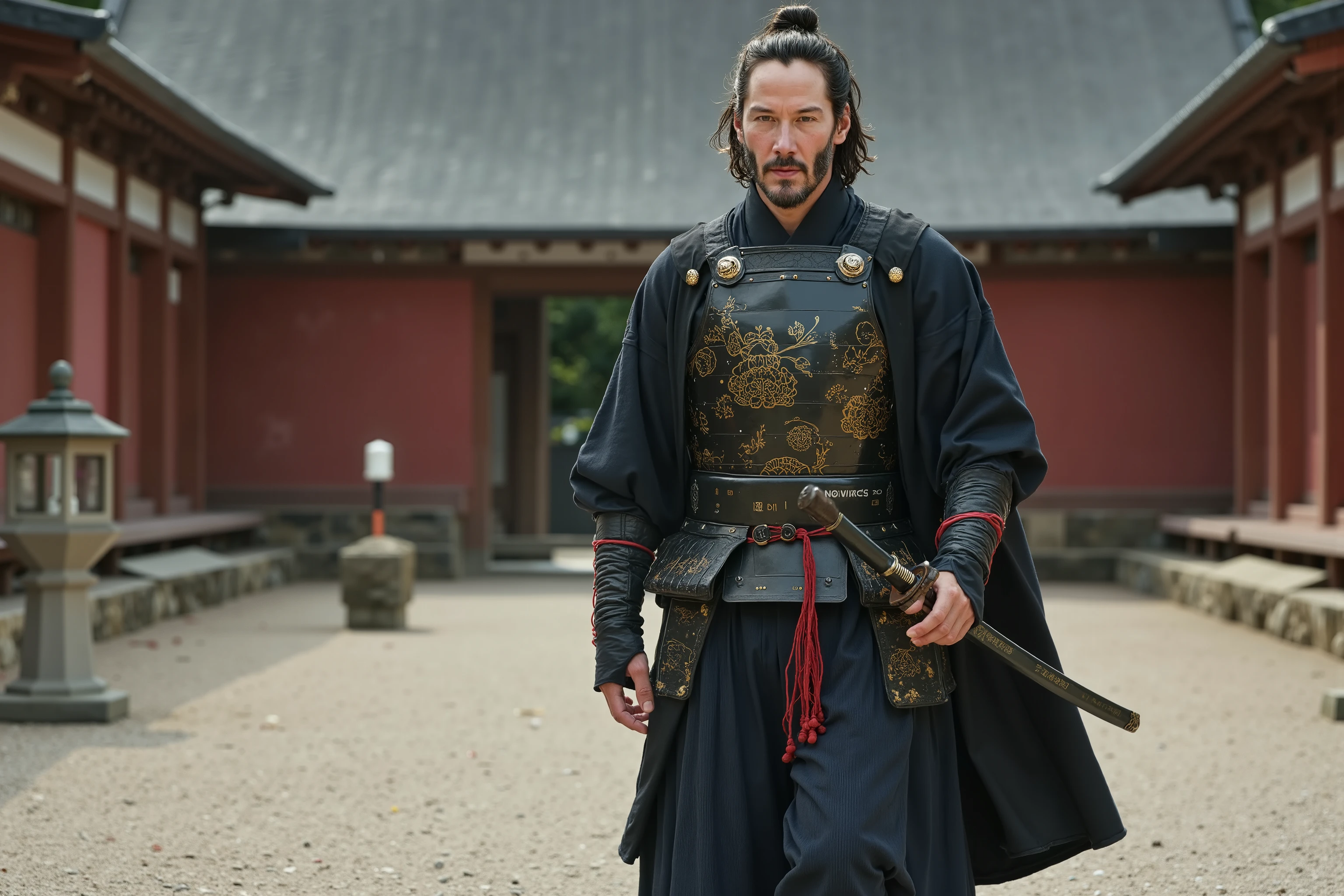 Keanu Reeves reimagined as a legendary samurai of the Japanese Empire, walking with silent discipline through the gravel courtyard of the Kyoto Imperial Palace, dramatic atmosphere, 1 male,
Dark, contemplative eyes, long black hair tied into a topknot, sharp cheekbones and a calm, noble expression. His face is weathered yet graceful, evoking both strength and wisdom.
He wears a deep indigo and black kimono layered under a polished lacquered cuirass with engraved golden chrysanthemums and wave patterns. His armored sleeves are stitched with crimson silk cords, and a flowing dark cape trails behind him, fastened by a stylized sakura-shaped clasp. At his waist hangs a sheathed katana with a ray-skin handle and a dragon-etched guard.
In his hand, he holds the katana, unsheathed, its slender blade glinting in the soft sunlight, inscribed with kanji for “honor” and “duty.”
, shows his male character’s full figure, athletic body, perfect face, full body, extremely handsome, samurai warrior, male shape, perfect anatomy, imperial presence, spiritual strength, bushido code,
The background showcases the Kyoto Imperial Palace in early morning light. Red-painted pillars and curved rooftops surround the gravel court. Stone lanterns cast long shadows, while cherry blossom petals drift in the air. Pine trees sway gently behind wooden gates as monks and imperial guards stand in reverent silence along the paths.
, photorealistic, masterpiece, realistic, high contrast, 8k, HD, high definition detailed, detailed, hyper detailed, realistic skin texture, best quality, ultra high resolution, hyper realistic, no text, very detailed eyes, dramatic lighting