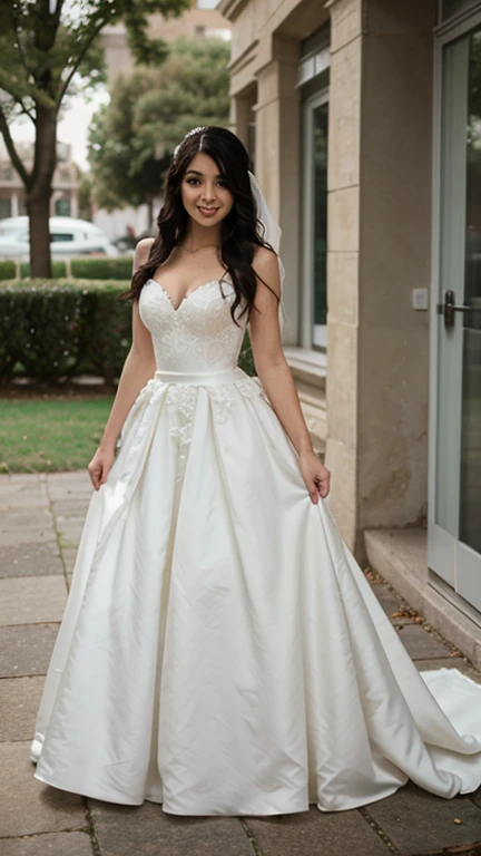 A beautiful woman with a perfect figure, black long hair, incredibly beautiful eyes, dressed in an evening white dress against the background of a ball