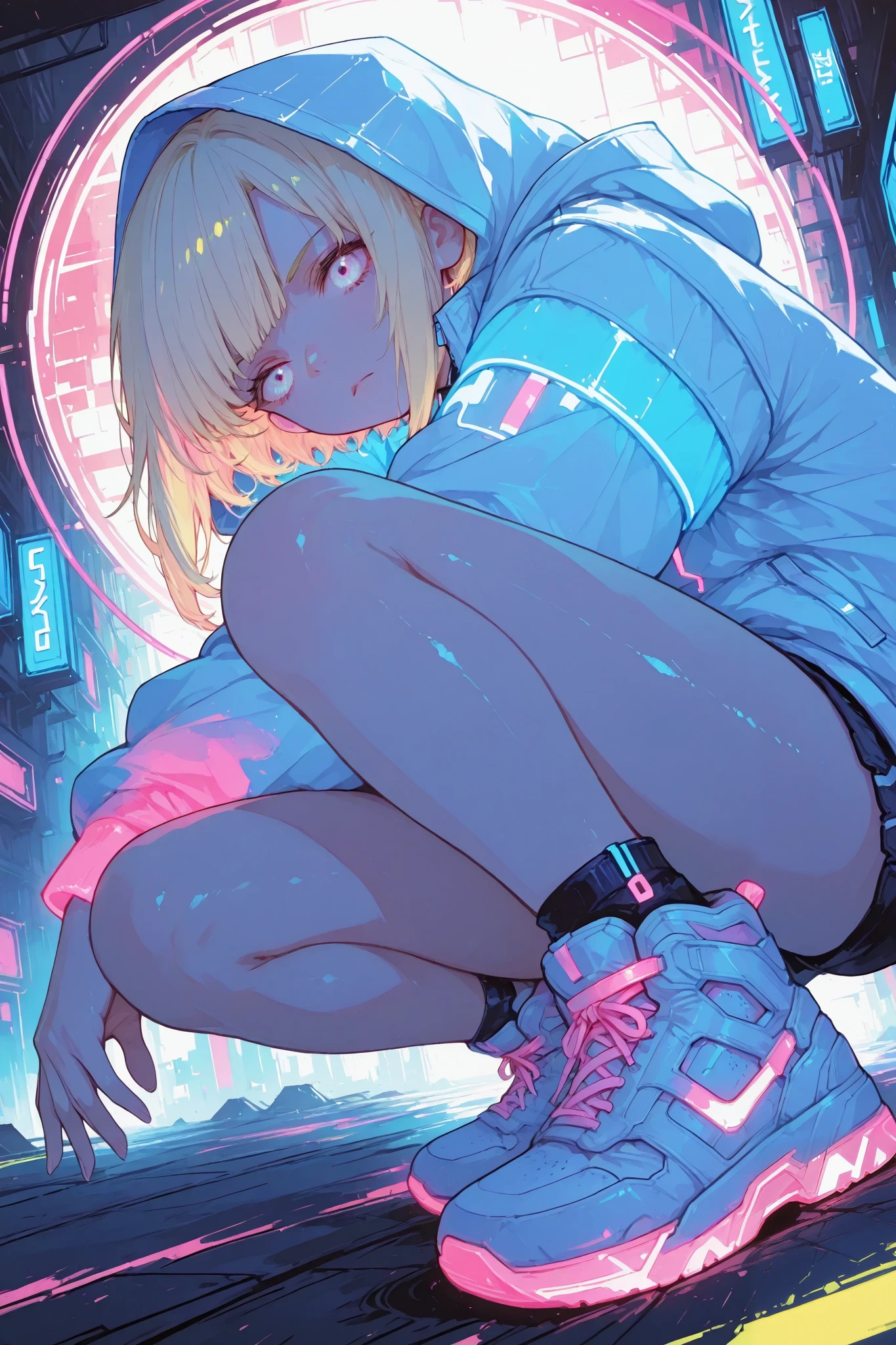 illustration, best quality, close-up, 1girl, full body,blonde hair, hooded jacket, serious expression, vibrant neon colors, abstract background, blue and pink lighting, dynamic composition, streetwear style, futuristic vibe, bold color contrast, cyberpunk atmosphere, strong shadows, intense and edgy mood