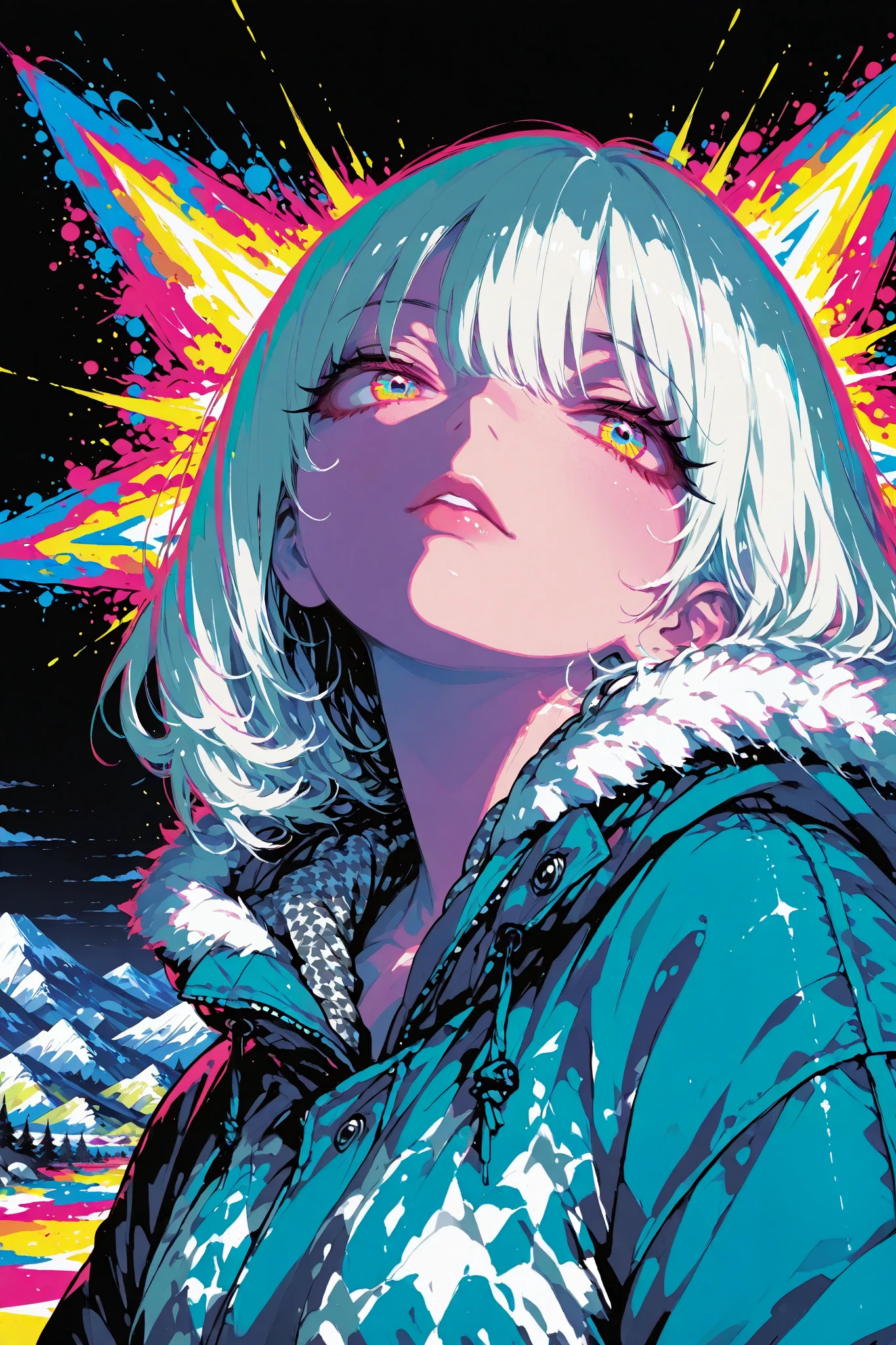popart, high contrast, (masterpiece, best quality:1.2), 1girl, solo, Mountain parka, very detailed Houndstooth pattern, flared hem, beautiful detailed eyes, beautiful detailed lips, extremely detailed eyes and face, long eyelashes, upperbody,vivid colors, vibrant, neon, pop art style, psychedelic, bold, striking, dynamic composition, dramatic lighting