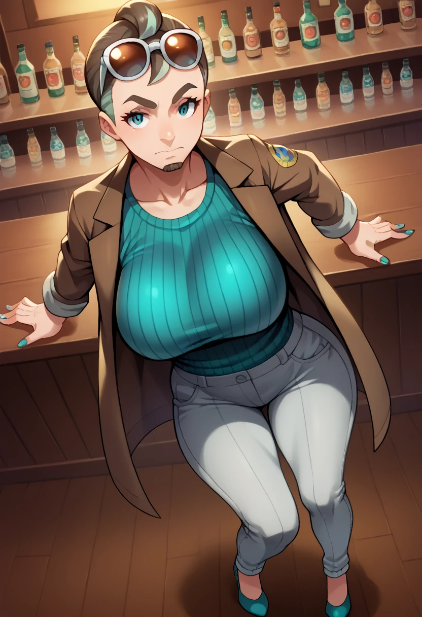 sexy woman, mature, milf, huge breasts, large breasts, curvy, voluptuous, completely nude, nude, pussy, nipples, brown hair, green eyes, mediun hair, slick back, red lips, glasses, earrings, sweating, shiny skin, smile, standing, convenience store, indoors, people around
