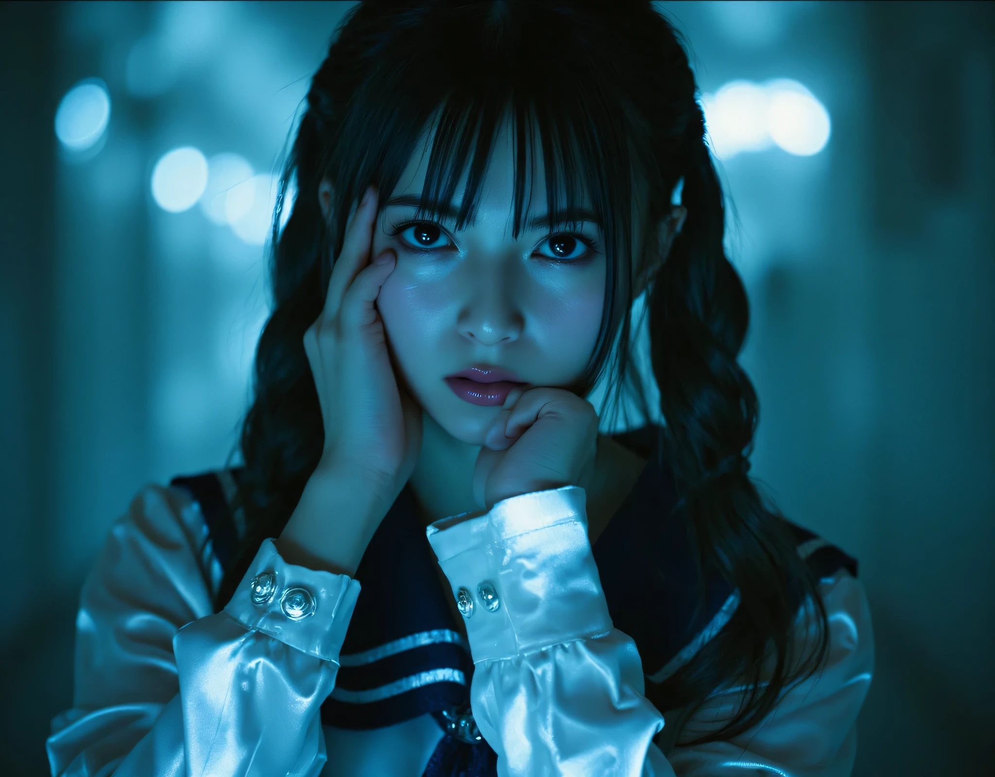 (((The dark interior of the Nostromo ship :2.0))),(((HR Gigger style cyberpunk vibe:2.0))),(((Open your feet wide:2.0))), standing,((full body:2.0)),one woman,(cute face),(Beautiful well-balanced face ),((braids with bangs :2.0)),( black hair:1.5),(beautiful eyes:1.3),Glamorous shot of a 20-year-old Japanese woman, Slender Beautiful Body ,((Model figure :2.0)),((slim body:1.7)),((スリーサイズ90-58-86:3.0)),perfect body line,ideal proportions,((big breasts:2.0)),((G cup breasts:1.5)), Popup,Bare thighs,fleshy thighs due to weight,delicate body,(Glutinous Flesh:1.7),harmonious posture,((Realistic breast depiction :1.7)),carefully depicts limbs based on perfect anatomy when held from behind by an old man,((Futuristic translucent white sailor suit style super high-leg leotard:2.0)),((fitted latex sailor suit:1.5)),((sailor suit with collar and bow:2.0)),((Glass translucent super mini skirt:2.0)),(Navy blue translucent short mini skirt:1.5),((rough mesh stockings:1.5)),(gloves:1.3),Concept Art,(Highest Quality:1.5),(masterpiece:1.5),(Ultra-high resolution),resolution,UHD,(Delicate Description), carefully drawn with butterfly wings ,32K,((realistic skin texture:1.5)),(((ultra realistic:1.5))),carefully draw eyelashes,very detailed face,Highly detailed female hand, Sexy appearance ,very sensual,(Blurry Dim Backgrounds :1.5),professional photo shoot,(movie light:2.0),((Blade Runner style light:2.0))