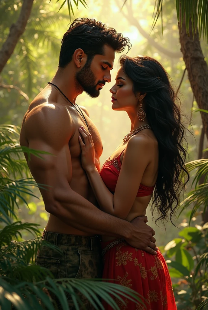 Beautiful Indian male and beautiful Indian women present, straight photoshoot currency, full body picture, moonlight night, night time, winter, forest path walking, wide face, cute, big eyes, reputable, photorialistic, street, wide background, big tits, sexy thin Sari, long waving hair, crack, symmetric face, excellent work, 8, ultra realistic