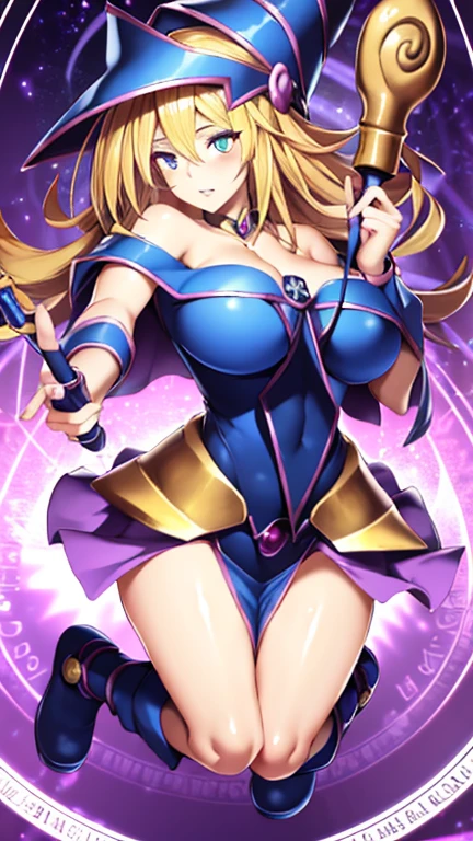 Black Magician Girl、super breasts、thick thighs、blonde hair、magic circle、8K, 4k, highest quality, High resolution: 1.2),winking、One breast exposed、cute anime face、Pink blush on cheeks、noise removal、Leotard that bites into、have a cane、Hold your cane、Rear view、Turning around、full body portrait、T-back that digs into your butt