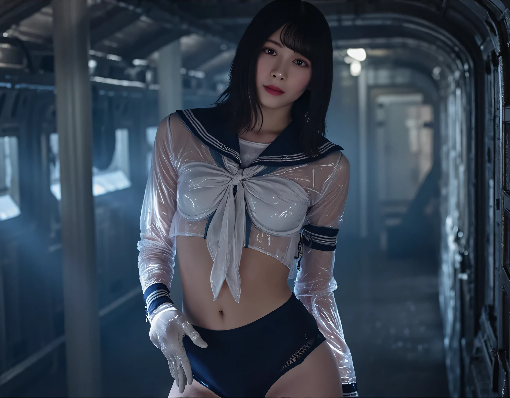 (((The dark interior of the Nostromo ship :2.0))),(((HR Gigger style cyberpunk vibe:2.0))),(((Open your feet wide:2.0))), standing,((full body:2.0)),one woman,(cute face),(Beautiful well-balanced face ),((braids with bangs :2.0)),( black hair:1.5),(beautiful eyes:1.3),Glamorous shot of a 20-year-old Japanese woman, Slender Beautiful Body ,((Model figure :2.0)),((slim body:1.7)),((スリーサイズ90-58-86:3.0)),perfect body line,ideal proportions,((big breasts:2.0)),((G cup breasts:1.5)), Popup,Bare thighs,fleshy thighs due to weight,delicate body,(Glutinous Flesh:1.7),harmonious posture,((Realistic breast depiction :1.7)),carefully depicts limbs based on perfect anatomy when held from behind by an old man,((Futuristic translucent white sailor suit style super high-leg leotard:2.0)),((fitted latex sailor suit:1.5)),((sailor suit with collar and bow:2.0)),((Glass translucent super mini skirt:2.0)),(Navy blue translucent short mini skirt:1.5),((rough mesh stockings:1.5)),(gloves:1.3),Concept Art,(Highest Quality:1.5),(masterpiece:1.5),(Ultra-high resolution),resolution,UHD,(Delicate Description), carefully drawn with butterfly wings ,32K,((realistic skin texture:1.5)),(((ultra realistic:1.5))),carefully draw eyelashes,very detailed face,Highly detailed female hand, Sexy appearance ,very sensual,(Blurry Dim Backgrounds :1.5),professional photo shoot,(movie light:2.0),((Blade Runner style light:2.0))