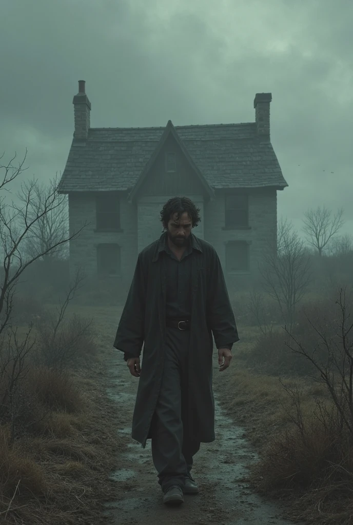 (((masterpiece))), (((Highest quality))), ((Very detailed)), (photograph), (photo:1.2) of a man sneaking into the shadows is entering a house. On his face are visible sores caused by a deadly infectious disease. Lost look and gloomy atmosphere. Cinematic lights. Masterpiece, best quality, 8K, photo realistic, wallpaper, wallpaper 8k, photographic contest winner, Hyperrealistic art cinematic film still photography in the style of detailed hyperrealism photoshoot. [Entire scene is surrounded by lights, evoking a magical and eerie atmosphere. The lighting is bright and atmospheric, with smoke adding a touch of sinister ambiance. Best quality image, HDR enhancement, showcasing the utmost level of detail and realism]. [8K, Best Quality, Ultra High Resolution, (highly detailed CG unity 8k wallpaper), (best photo), (best shadows), isometric 3D, octane rendering, ray tracing, highly detailed, (Best quality, 4K, 8k:1.2), absurdity, ultra detailed, (realistic, photorealistic, photorealistic:1.37), complex parts, HDR, (complex parts:1.12), (hyper detailed, hyper realistic, Soft lighting, spicy:1.2), (complex parts, Hyper detailed:1.15). Blurred foreground. (backlit), masterpiece, high quality, brightness, chromatic aberration, foggy smoke, shadows, contrast, clear sky, (warm hue, warm tone), high details, natural reflections]. low angle from below、(Stand at the highest point overlooking the surrounding area, peer down the cliff:1.5), ((shoot from behind:2, looking away:2)), Portraiture