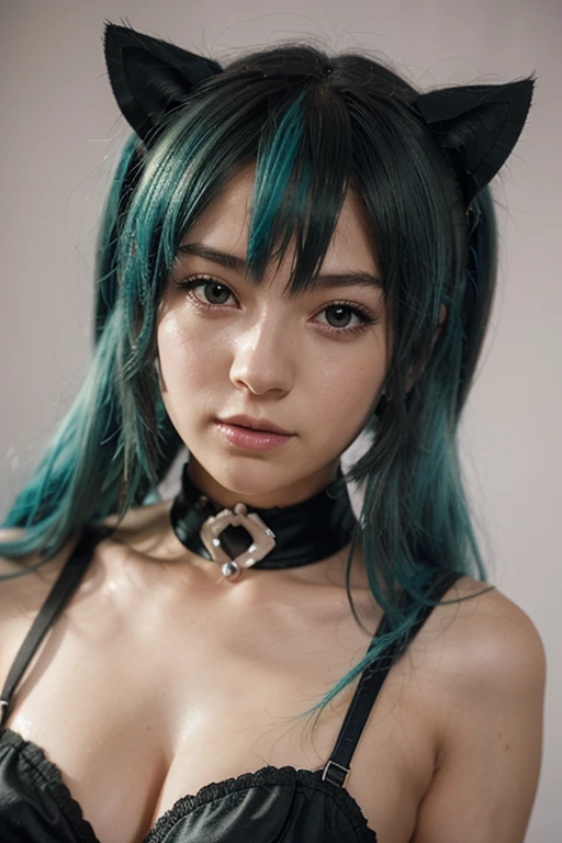 A cartoon type girl with blue hair with cat ears and headphones with green eyes and a black necklace on her neck wearing a light orange blouse that reveals her shoulders and black suspenders