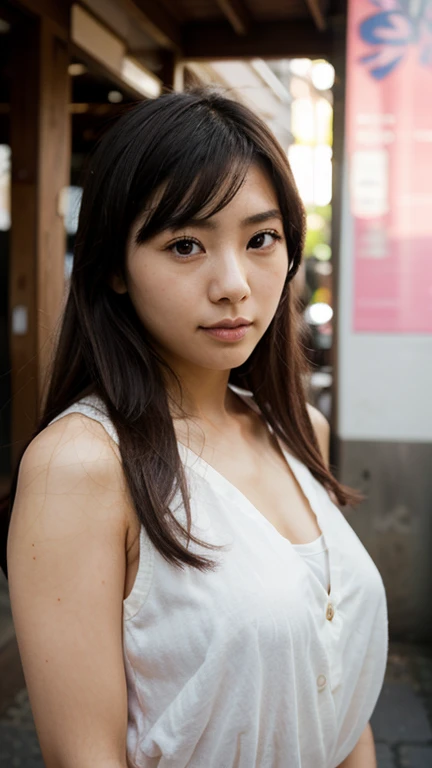 Upper bodygirl 1 person、The cleavage of her big breasts is emphasized、(beautiful girl、Slender girl:1.3)、(17 years old:1.3)、break、(Yarn clothes:1.3)、break、(Street view:1.3)、break、very definition、(symmetrical eyes: 1.3)、break、(((big breasts)))、brown eyes、parted bangs、brown hair、girl、break、(Eye and face details:1.0)、(face close up、face zoom、face focus:1.0)、break、 (masterpiece、highest quality、Super detailed、detailed face、8K)、smile mustard piece、highest quality、8K、85mm、Raw photo、disordered、award portrait、solo、Violet flowers、gardenia、Delicate girl、Upper body、idol face、Slightly droopy eyes、smile、night、neon、digital single lens reflex、expression、nature、frankness、refinement、Zora々correct、professional lighting、film grain、chromatic aberration、(Bokeh:1.1)、