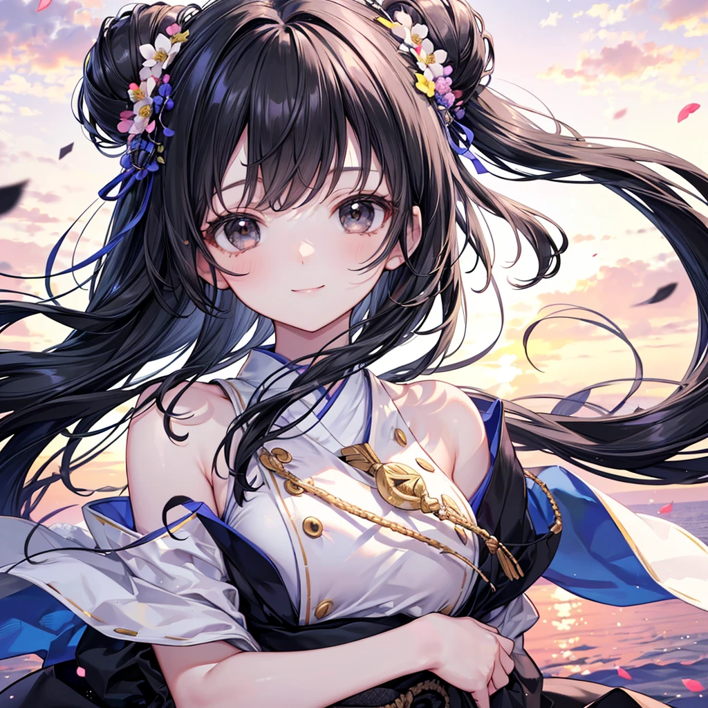((Best Quality)), ((masutepiece)), (Detailed), Perfect face,she has long black straight hair、decorated with red ribbon。her eyes are beautiful almond shaped、It is brown in color、Its shine is attractive。A small upturned nose gives character to her features。Her skin is bright and healthy and、Has a supple and toned body。She is wearing a traditional blue cheongsam、Features golden décor。Her figure combines elegance and charm。