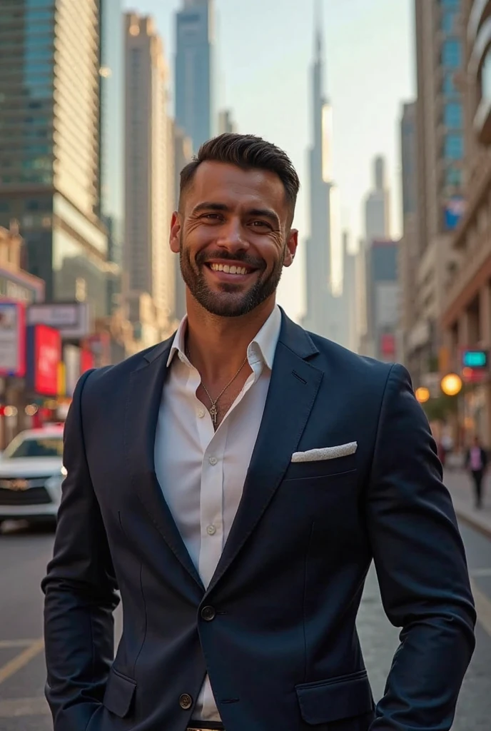 ((best quality)), ((masterpiece)), (detailed),filiphino male around 40 years old.he just wears a grey suit. He has a good muscular body. Sixpack. Hairy chest. He is an artist. Smile for everyone. He is standing on the road