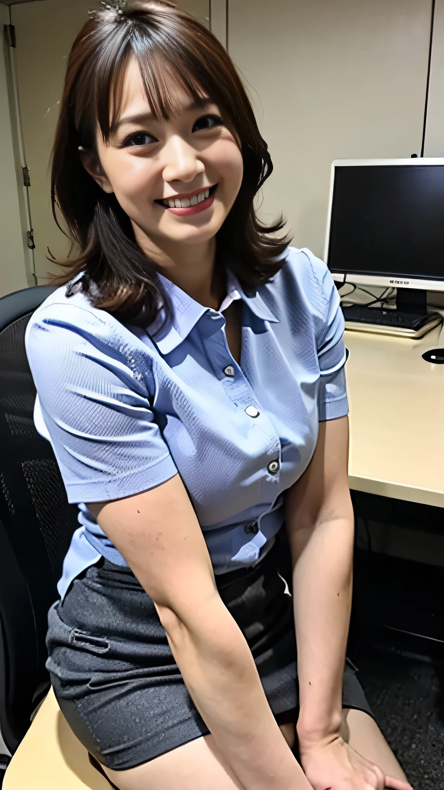 ((Highest Quality, 8k, masterpiece: 1.3, Photorealistic)), OL, tight miniskirt, office room desk, chair, (stare at the viewer), Mature Woman, business wear, smile:0.2, normal breasts