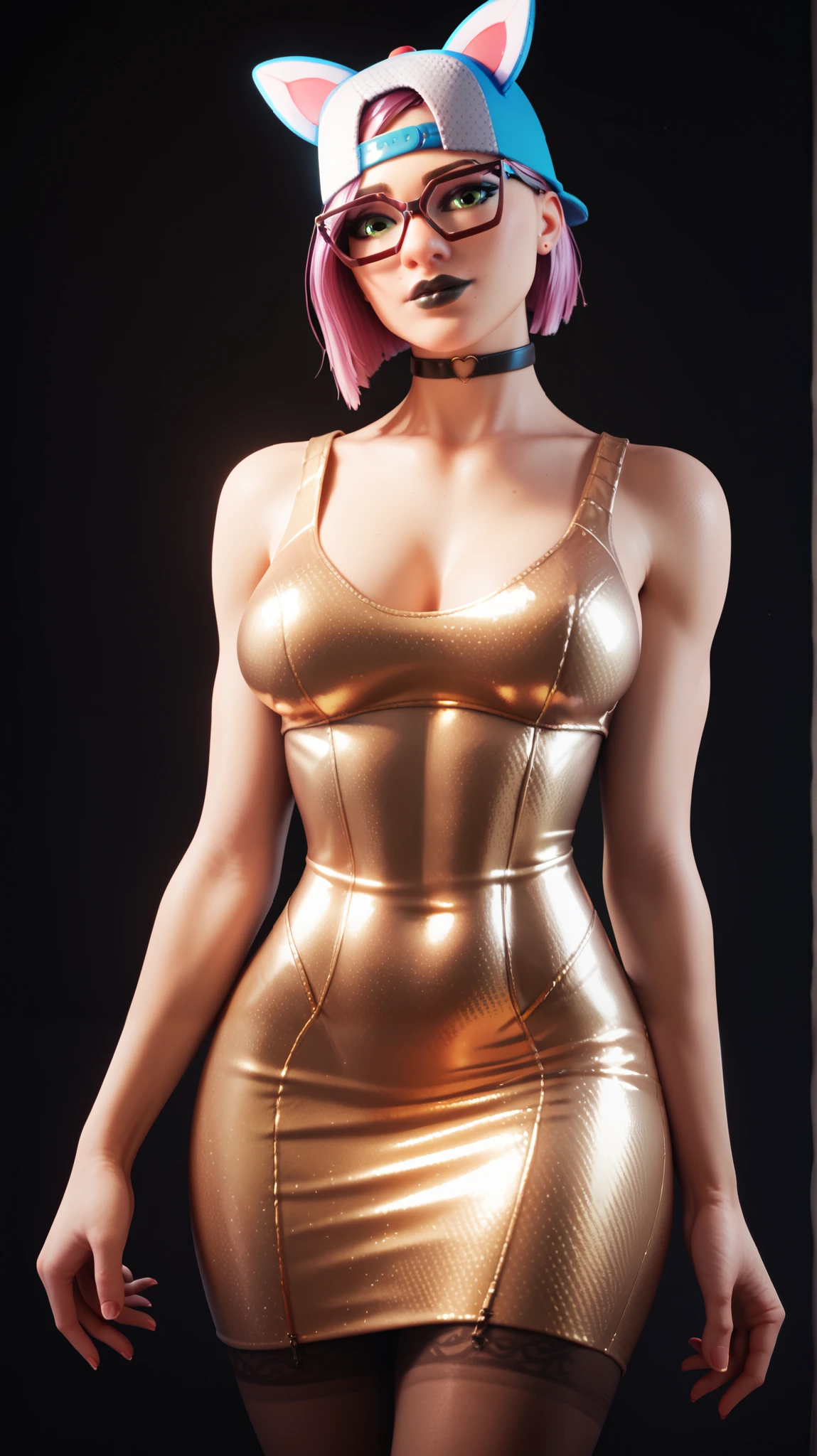 girl (masterpiece), choker, black lips, cap, night (alone), standing, golden sequin tight dress, beautiful green eyes, short pink hair, glasses, looking at the spectator, dark room