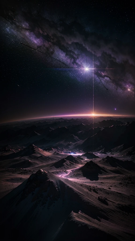 ((best quality)), ((masterpiece)), diamond planet surface, purple sky, falling star, crossing comet, saturn in the sky, photorealistic, 8K, HDR, physically-based rendering, extreme detail, vivid colors, intricate details, dramatic lighting, cinematic atmosphere, stunning landscape, alien world, cosmic phenomena