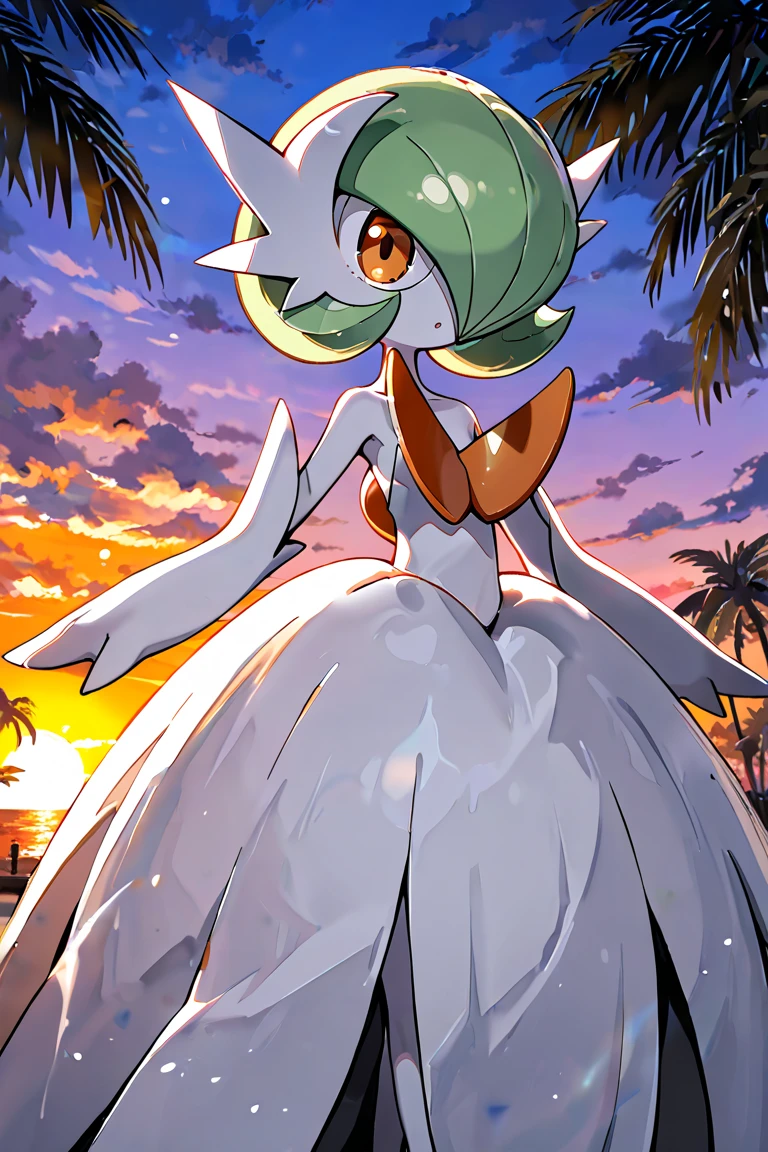 Mewtwo, pokemon_creature, non-human, (maid clothes, maid, maid apron, maid hair band: 1.2), cute girl, 1 girl, tropical deuce, (beach, palm tree), beach, clear water, (blue sky, cumulonimbus), (island), (hibiscus), 3d, cg, realistic, three-dimensional,