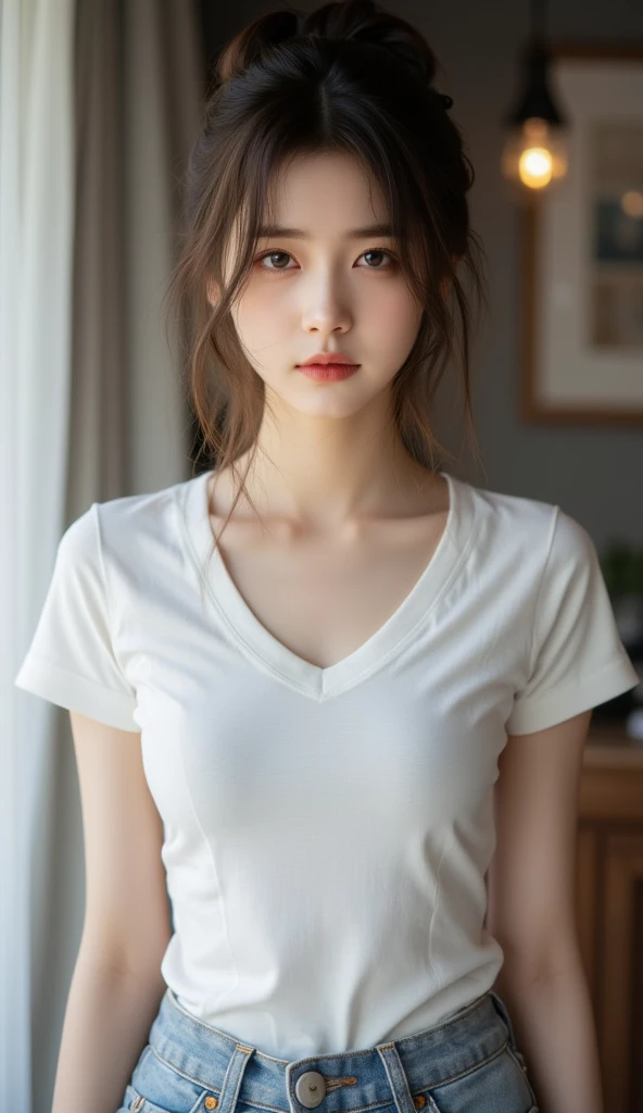  Best Quality, Masterpiece, Ultra High Resolution, (Realisticity: 1.4), Original Photo, Cinematic Lighting, 1Girl, Cute, 20 years old, perfect face, light brown hair, brown eyes, proportional posture, medium size breast, no bra, black shoulder off shirt, mini skirt, her name Alicia Schmidt