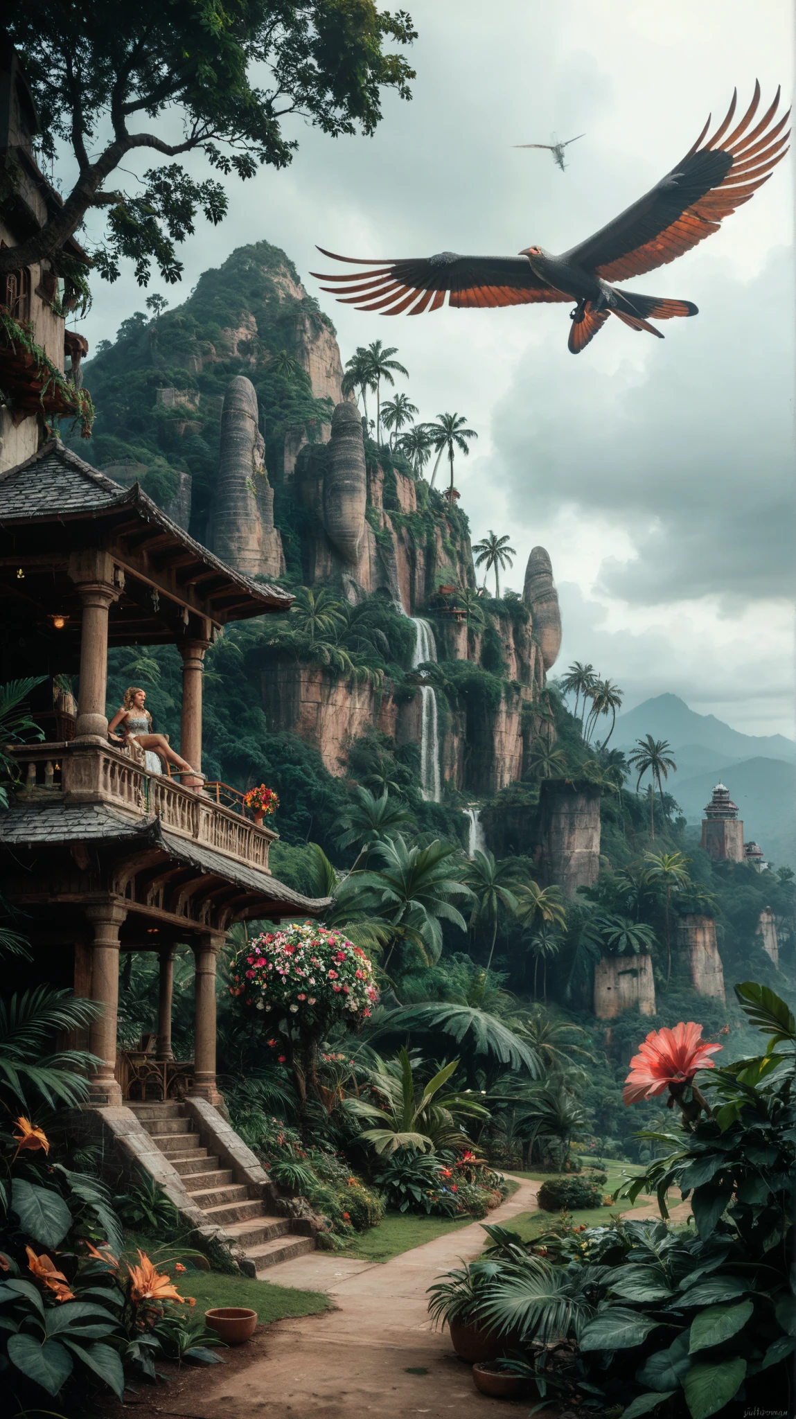 Stone Age flying machine, handcrafted with gourds, wooden beams, rudimentary wings, sails above lush paradise, dense foliage, tropical flowers, towering mountains, awe-stricken prehistoric tribespeople dotting the landscape, curious prehistoric fauna, dynamic composition, Greg Rutkowski style, warm color palette, volumetric light casting dynamic shadows, ultra-realistic, trending on ArtStation, sharp, haze, ultra-detailed, film photography, light leaks, Larry Bud Melman, trending on artstation, sharp focus, studio photo, intricate details, highly detailed, by greg rutkowski